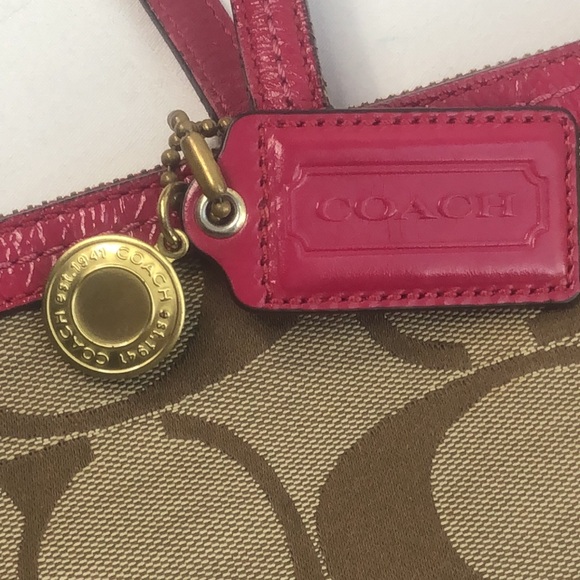 Coach Khaki Signature Stripe Patent Shoulder Tote Red Bag Handbag 12429 - Picture 13 of 16